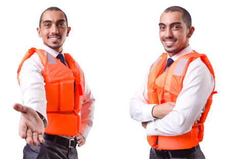 Man in life jacket isolated on whiteの写真素材