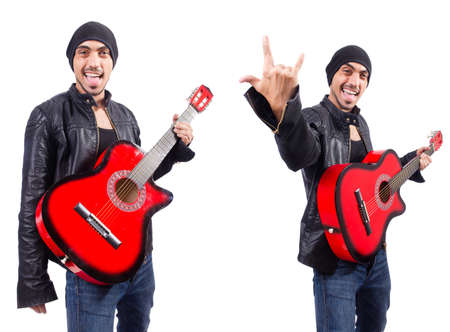 Man with guitar isolated on white