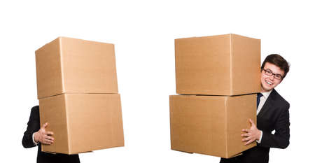 Funny man with boxes isolated on whiteの写真素材