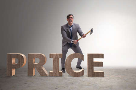 Angry man with axe axing the price word