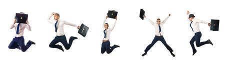 Jumping businessman isolated on whiteの写真素材