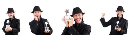 Businessman with star award isolated on whiteの写真素材