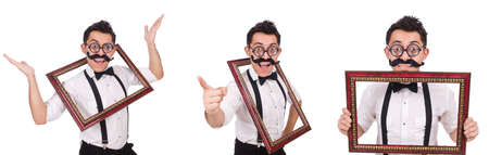 Young man with frame isolated on whiteの写真素材