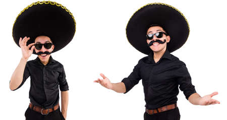 Funny man wearing mexican sombrero hat isolated on whiteの写真素材
