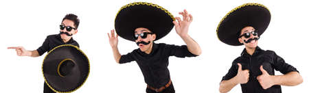 Funny man wearing mexican sombrero hat isolated on whiteの写真素材