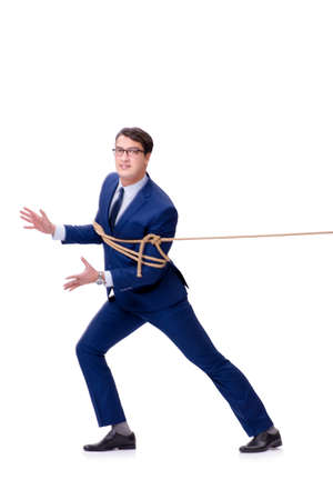 Businessman caught with rope lasso isolated on whiteの写真素材