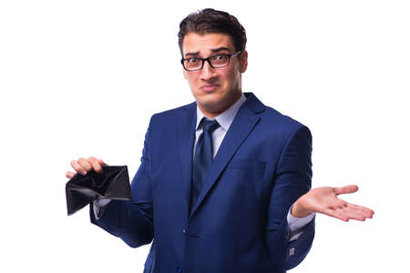 Bankrupt broke businessman with empty wallet on white backgroundの写真素材