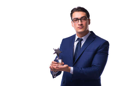 Businessman with star award isolated on whiteの写真素材