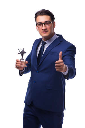 Businessman with star award isolated on whiteの写真素材