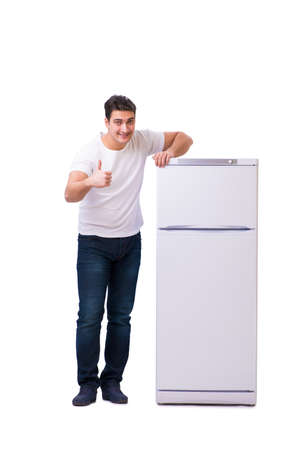 Young handsome next to bridge isolated on white backgroundの写真素材