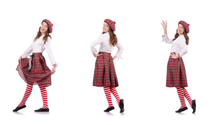 Pretty girl in plaid red clothing isolated on whiteの写真素材