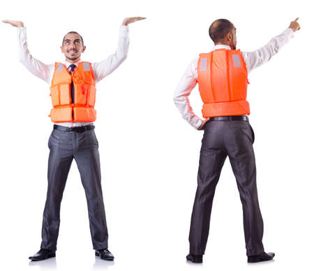 Man in life jacket isolated on whiteの写真素材