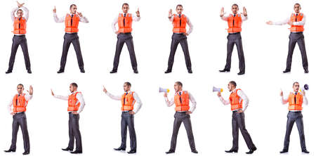 Businessman with rescue safety vest on whiteの写真素材