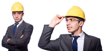 Man wearing hard hat isolated on whiteの写真素材