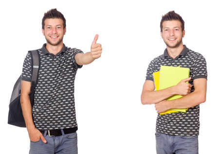 Young student with book and backpack on whiteの写真素材