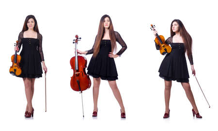 Woman performer playing violin on whiteの写真素材