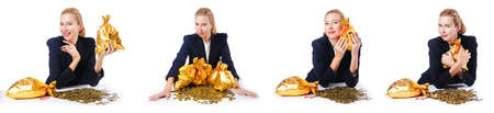 Woman with coins and golden sacksの写真素材