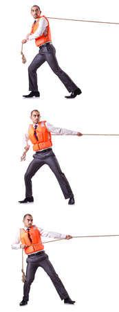 Man in life jacket isolated on white