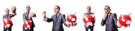 Businessman with piggybank on whiteの写真素材