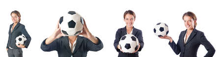 Businesswoman with football on whiteの写真素材