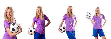 Woman playing football on whiteの写真素材