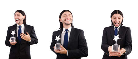 Businessman with star award isolated on whiteの写真素材