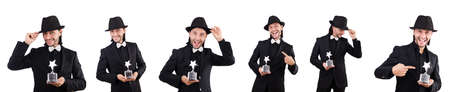 Businessman with star award isolated on whiteの写真素材