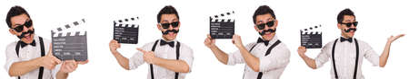 Funny with movie clapper isolated on whiteの写真素材