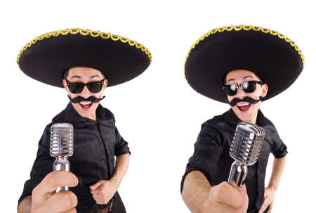 Funny man wearing mexican sombrero hat isolated on whiteの写真素材