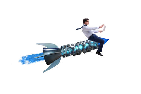 Businessman flying on rocket isolated on whiteの写真素材