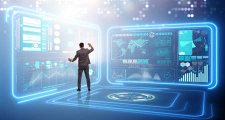 Man pressing virtual button in data mining concept