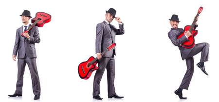 Businessman quitar player isolated on whiteの写真素材