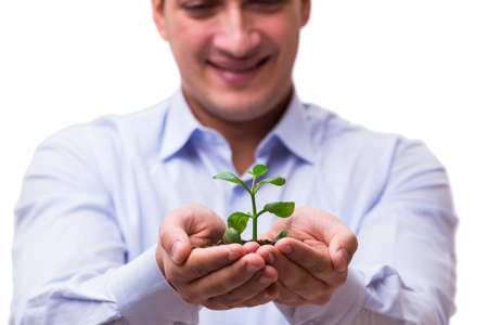 Man holding green seedling isolated on whiteの写真素材