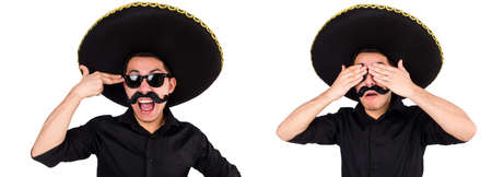 Funny man wearing mexican sombrero hat isolated on whiteの写真素材