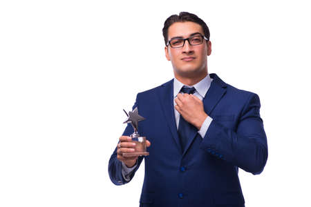 Businessman with star award isolated on whiteの写真素材