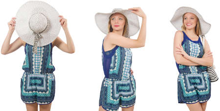 Collage of woman with panama hat isolated on white