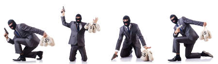 Gangster with bags of money on whiteの写真素材