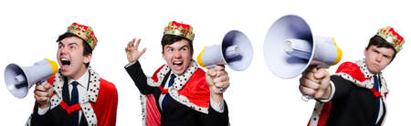 Man with crown and megaphone isolated on white