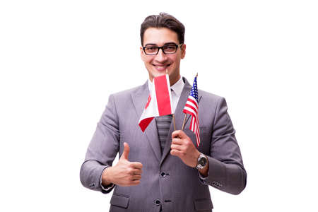 Young businessman with flag isolated on whiteの写真素材