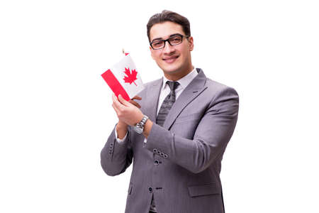 Young businessman with flag isolated on whiteの写真素材