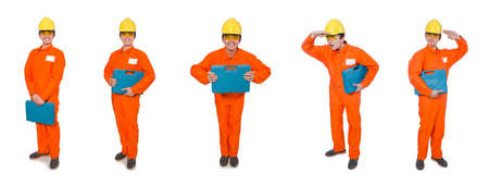 Man in orange coveralls isolated on whiteの写真素材