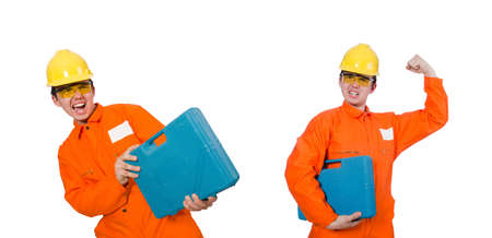 Man in orange coveralls isolated on white