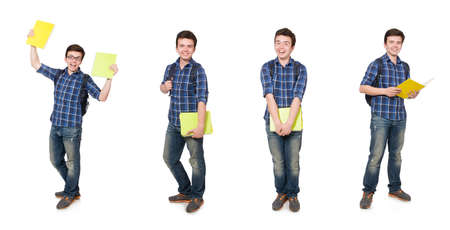 Young student with book on whiteの写真素材