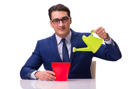 Businessman with watering can isolated on whiteの写真素材