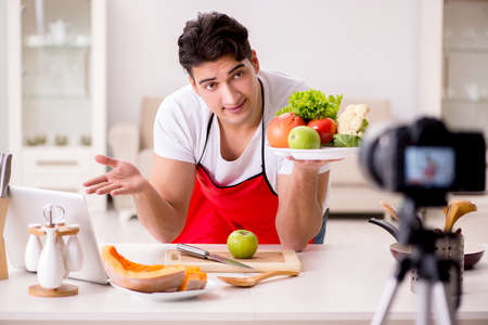 Food nutrition blogger recording video for blogの写真素材