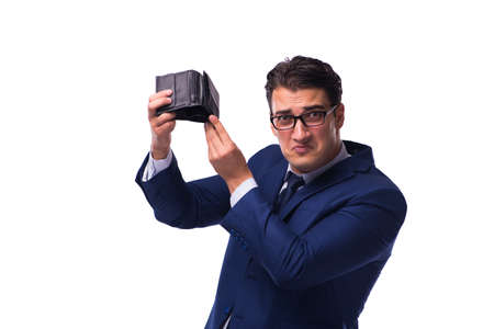 Bankrupt broke businessman with empty wallet on white background