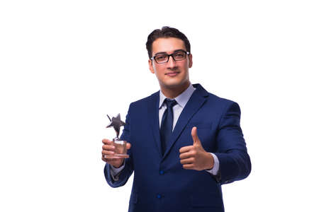 Businessman with star award isolated on whiteの写真素材