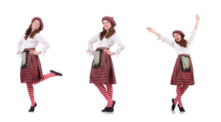 Pretty girl in plaid red clothing isolated on whiteの写真素材