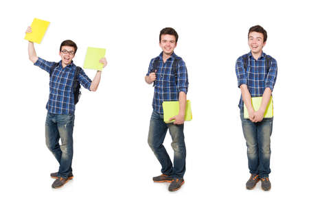 Young student with book on whiteの写真素材