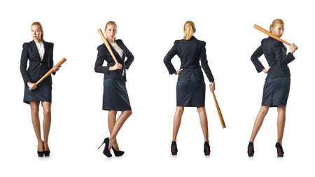 Businesswoman with baseball bat on whiteの写真素材